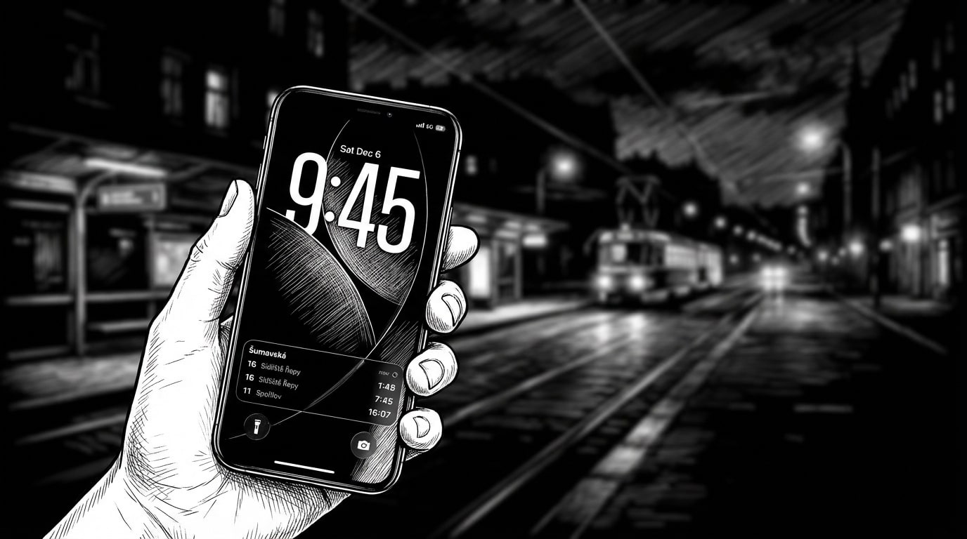 iPhone zobrazující Live Activities s odjezdy tramvají v Praze