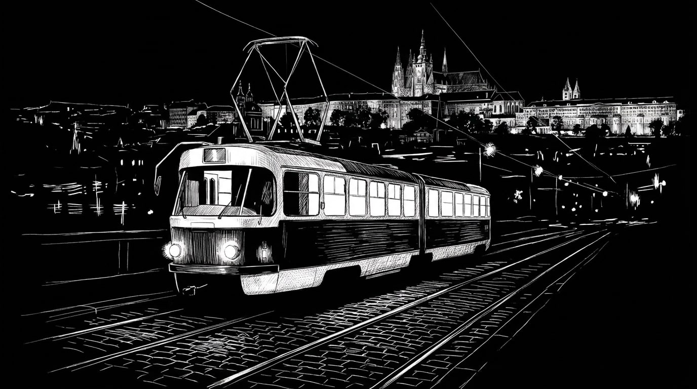 Noční tramvaj v Praze projíždí osvětleným centrem města